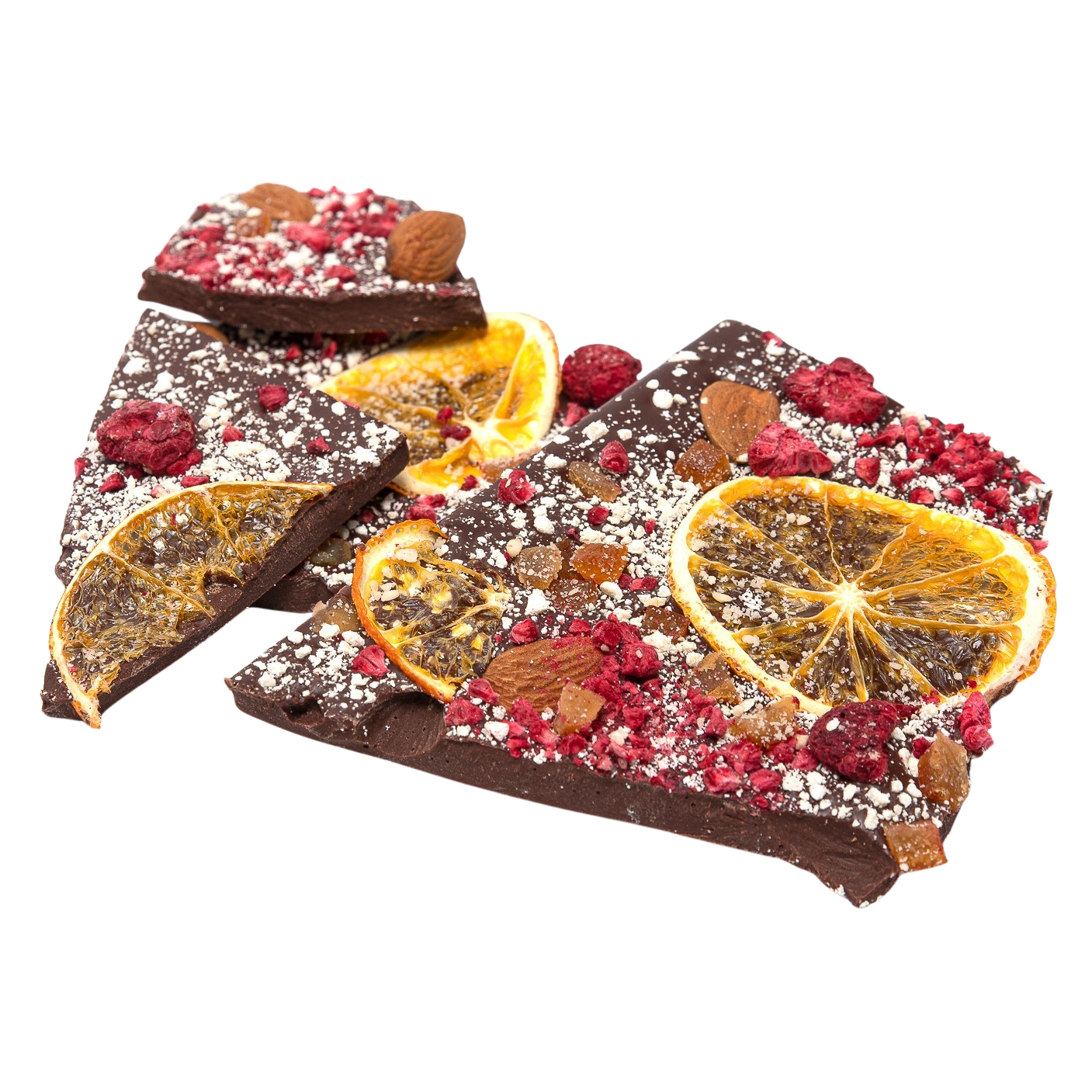 Dark chocolate broken bars with raspberry, almond and orange