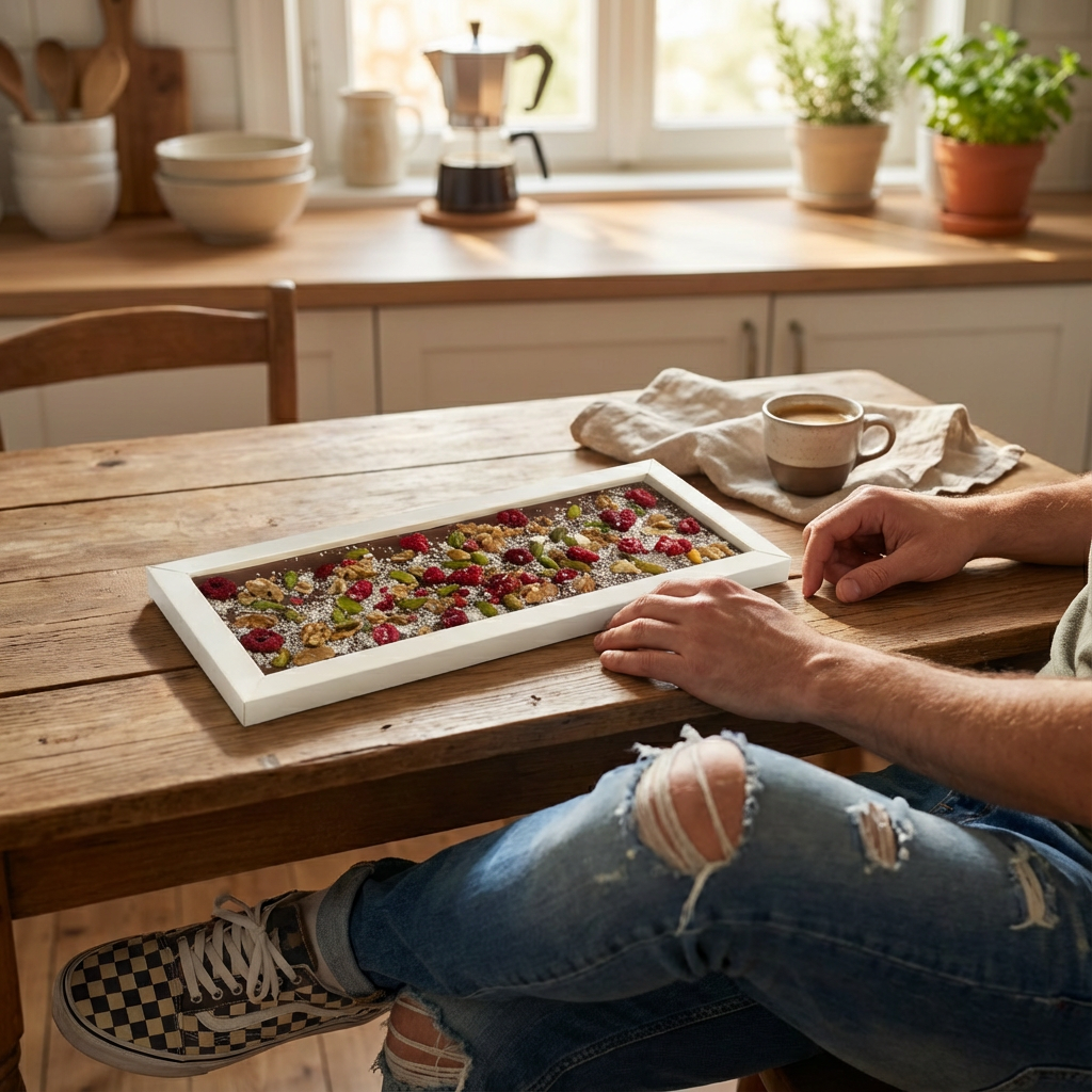 Fantasy milk chocolate bar 375 grs with walnut, pistachio, raspberry and coconut chunks