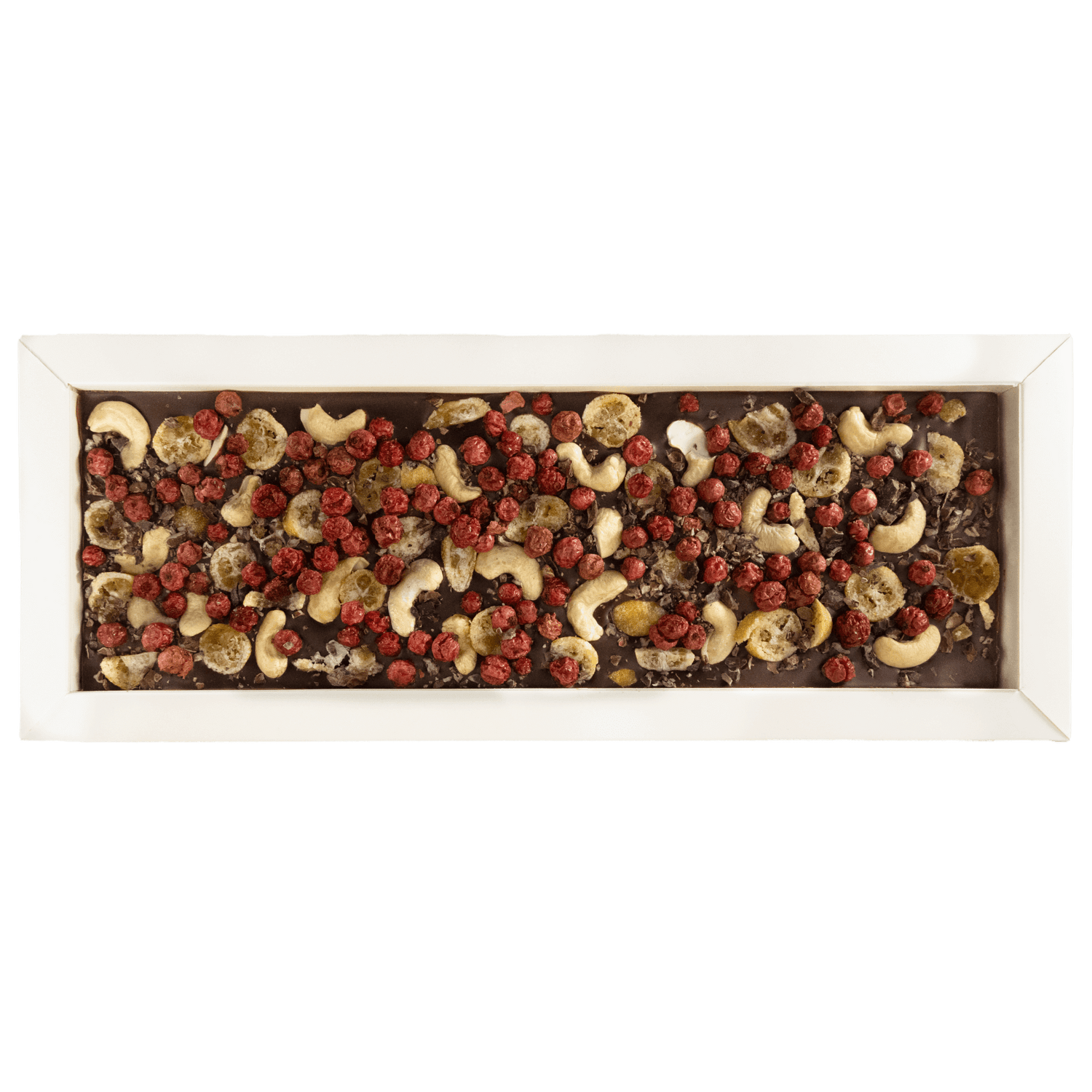 Fantasy dark chocolate bar 550 grs with cacao nibs, cashew nut, kumquat and redcurrant chunks