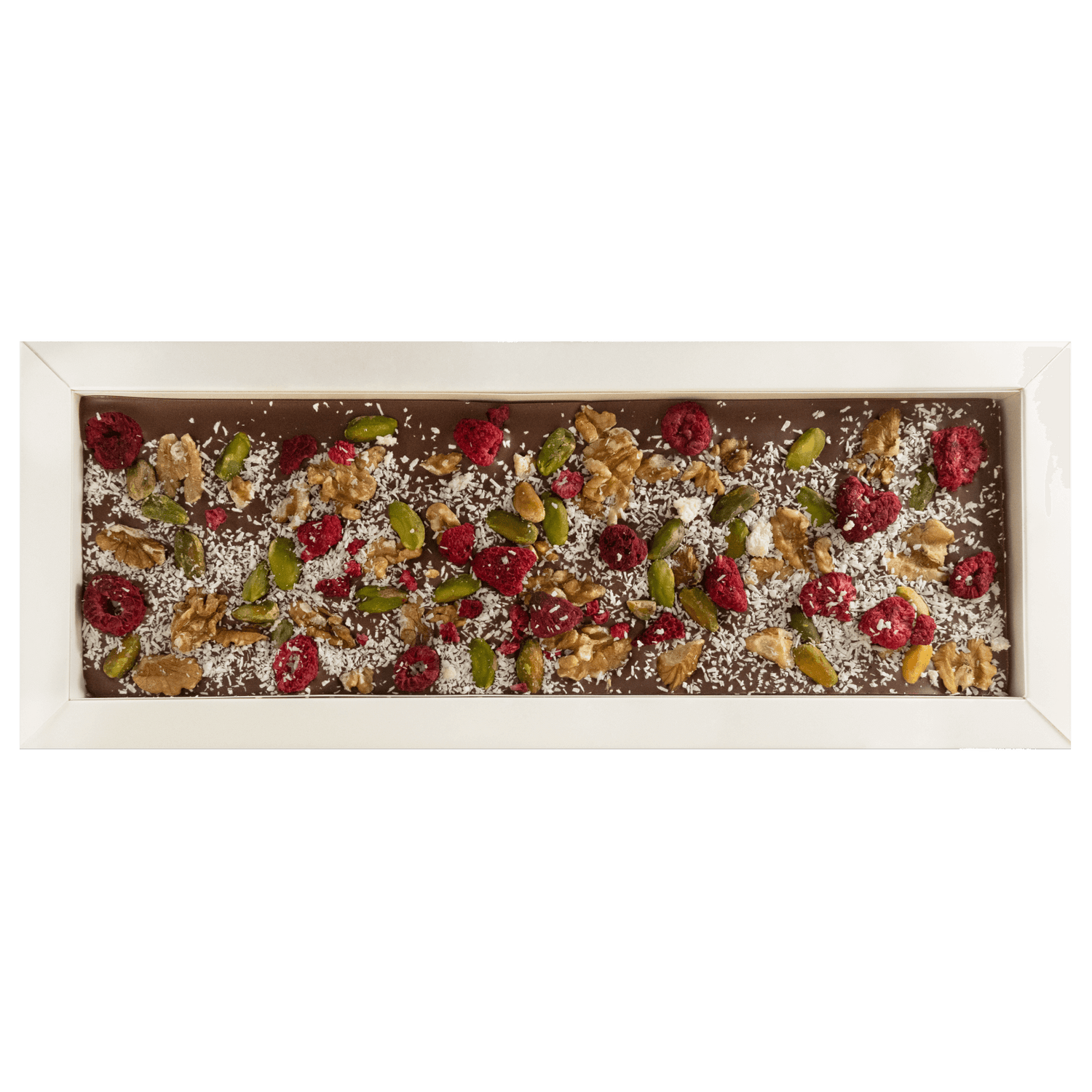 Fantasy milk chocolate bar 375 grs with walnut, pistachio, raspberry and coconut chunks