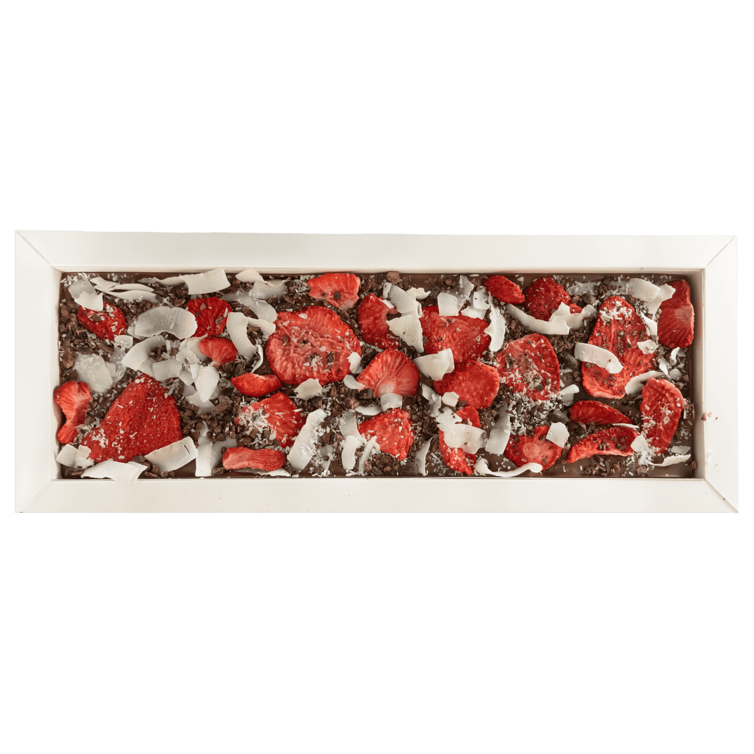 Fantasy milk chocolate bar 550 grs with cacao nibs, strawberry and coconut chunks