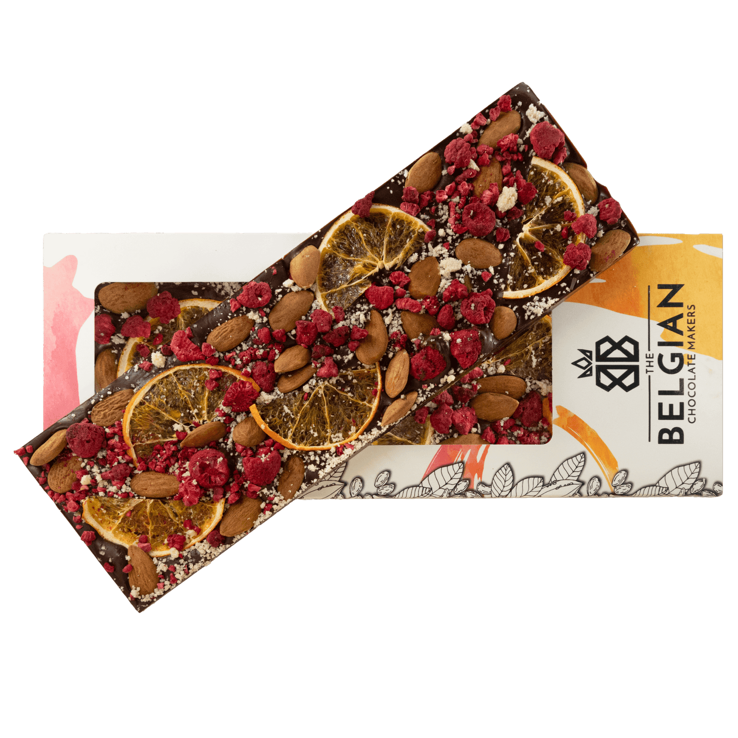 Fantasy dark chocolate bar 375 grs with raspberry, orange and almond chunks