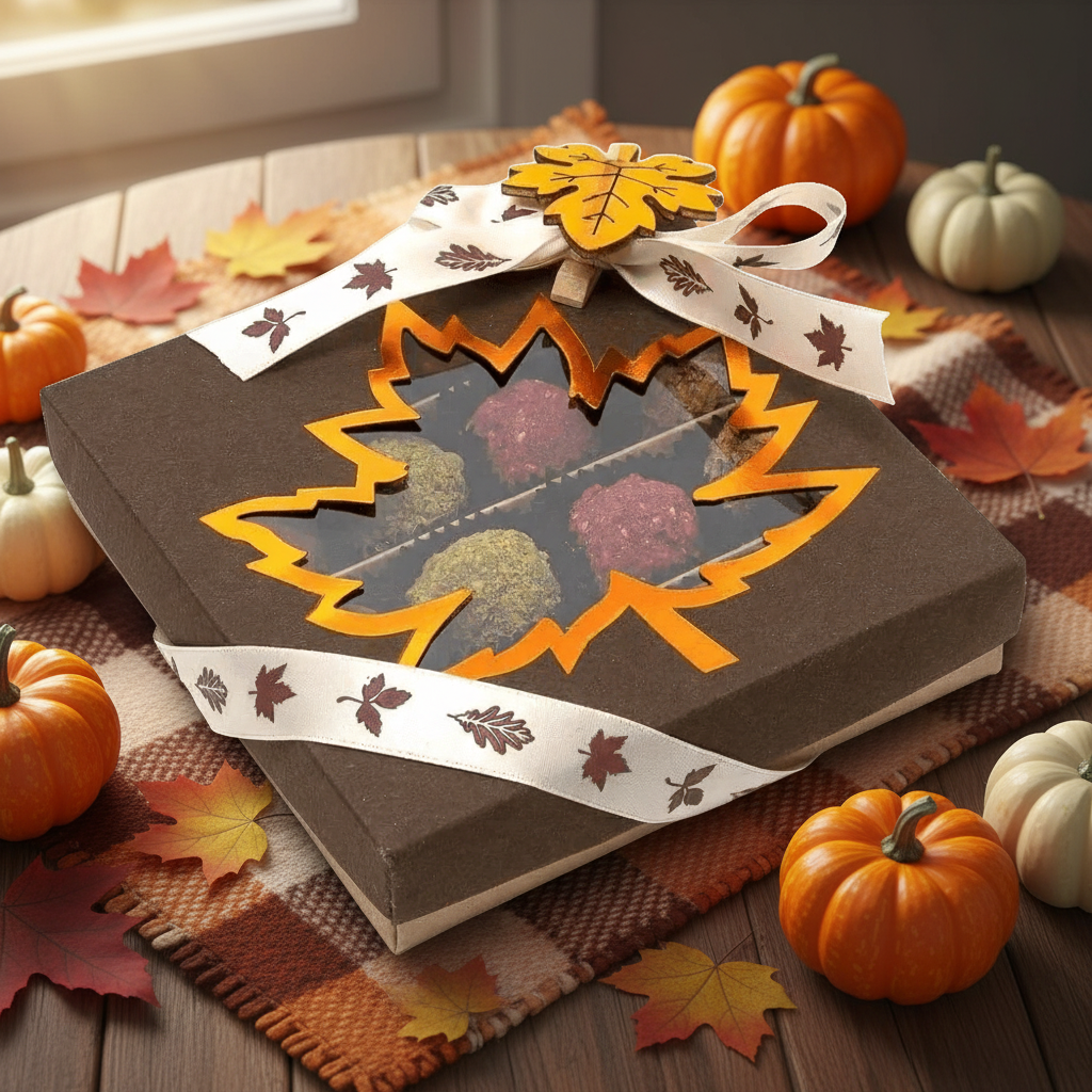 Mix of autumn Belgian truffles in a dark brown gift box