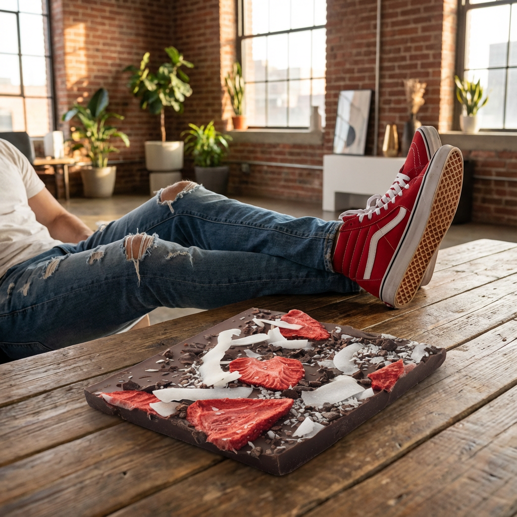 Milk chocolate broken bars with coconut, strawberry, cacao nibs