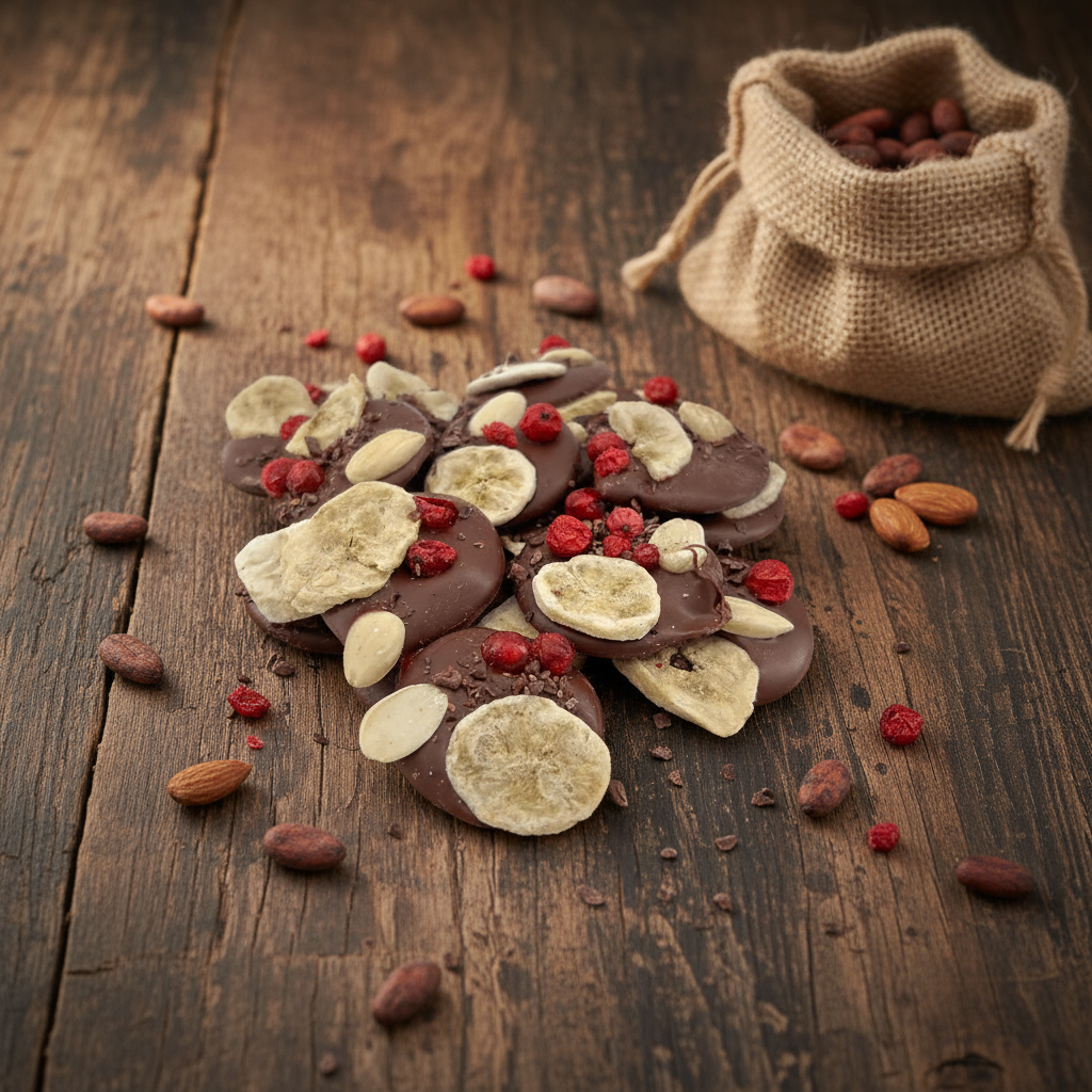 Milk chocolate mendiants with banana, almond and pecan chunks