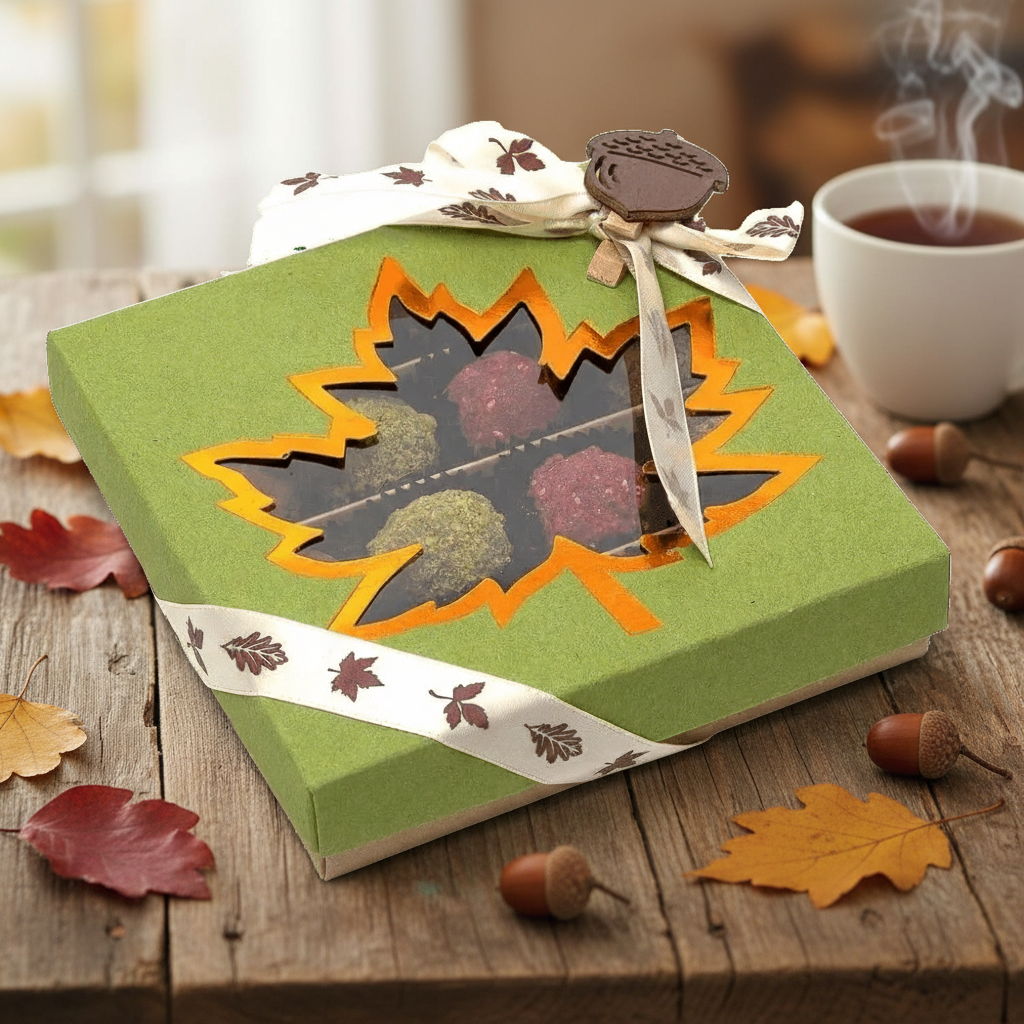 Mix of autumn Belgian truffles in a green gift box