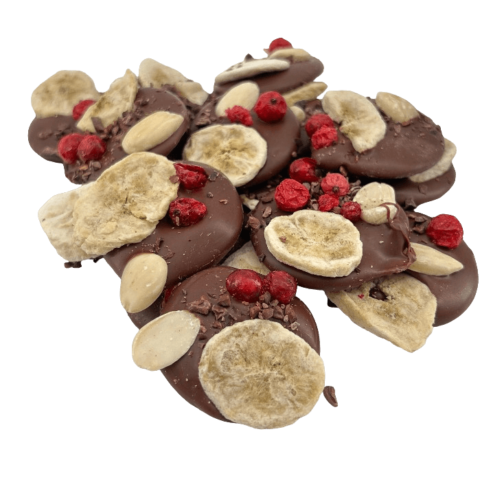 Milk chocolate mendiants with banana, almond and pecan chunks
