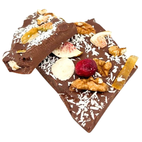 Milk chocolate broken bars with fig, lemon, cranberry, walnut, coconut