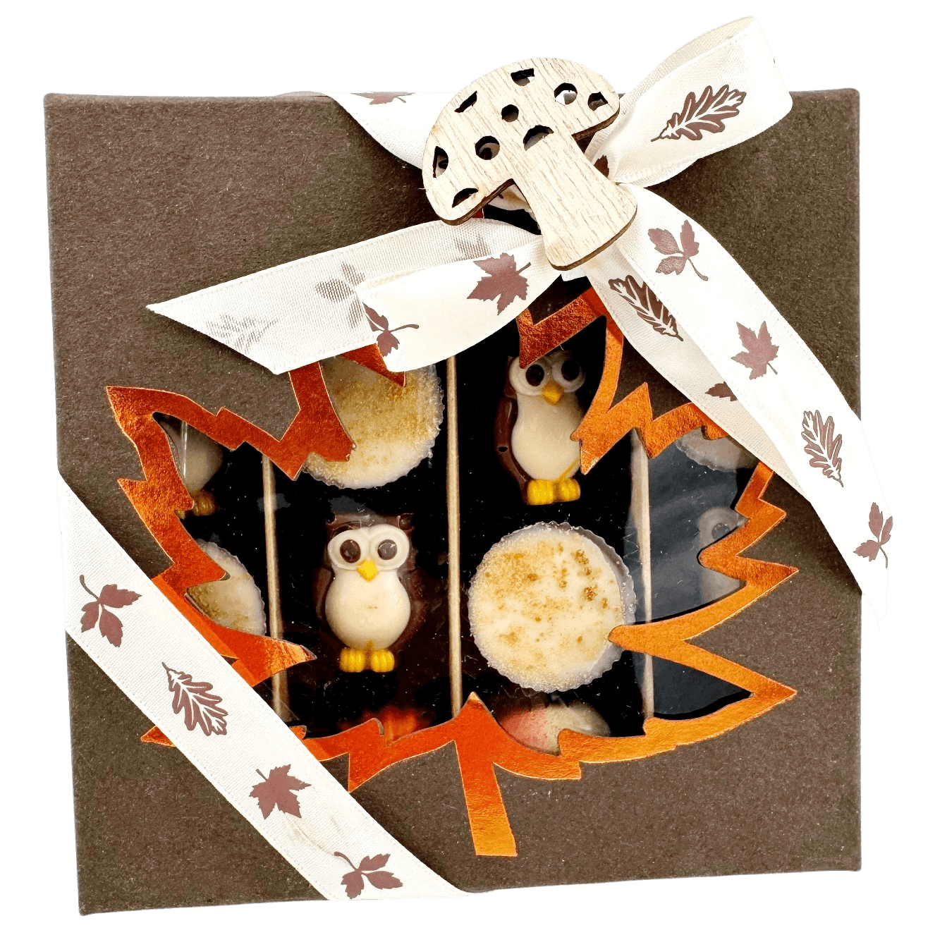 Mix of autumn pralines in a dark brown gift box