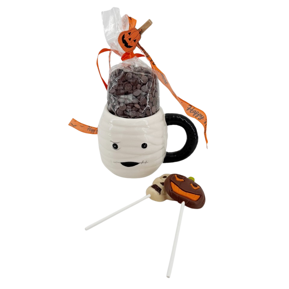 Dark chocolate drops in cup mummy with lollipops