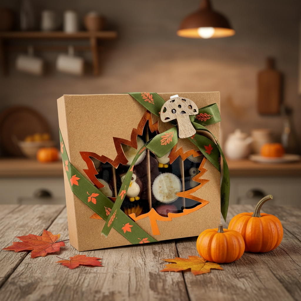 Mix of autumn pralines in a craft gift box
