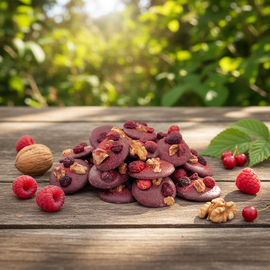 Milk chocolate mendiants with walnut, cranberry, blackcurrant and raspberry chunks