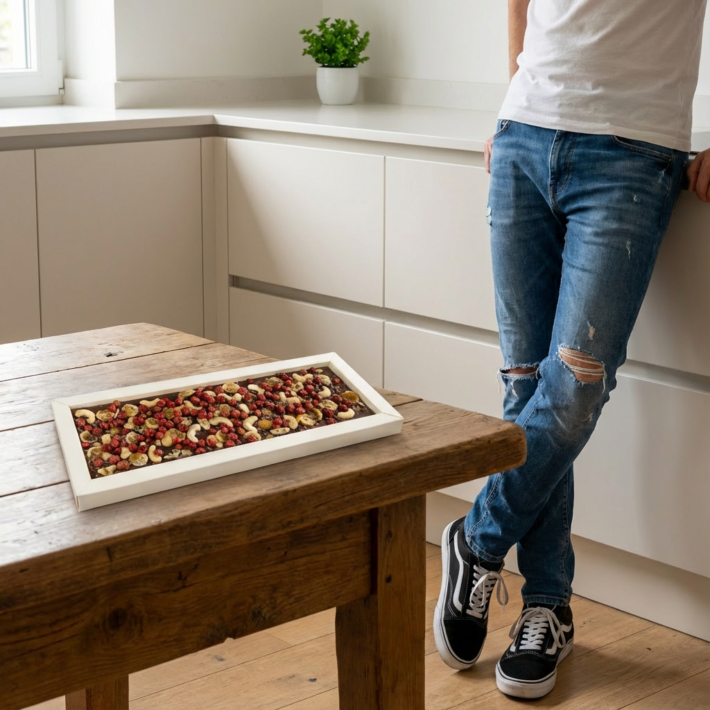 Fantasy dark chocolate bar 550 grs with cacao nibs, cashew nut, kumquat and redcurrant chunks