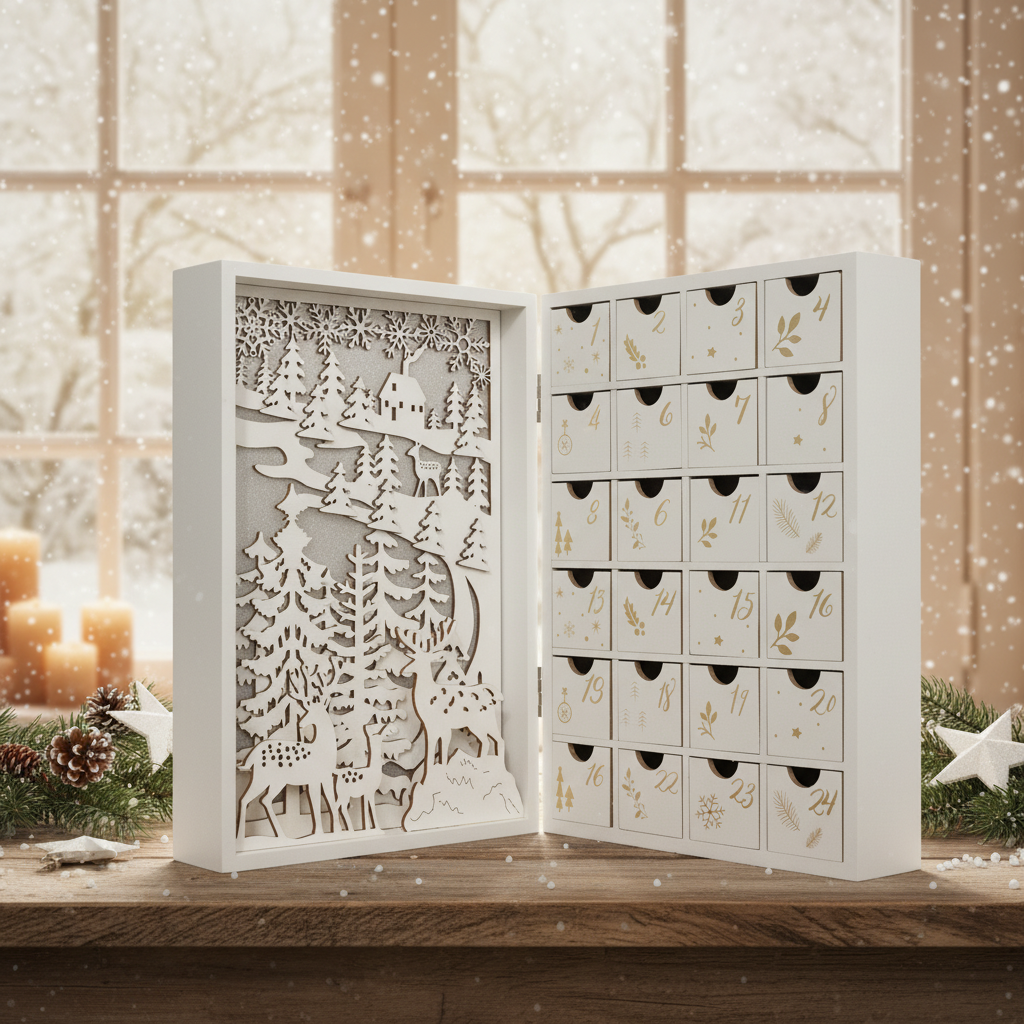 Wooden lighted advent calendar book 24 figurines
