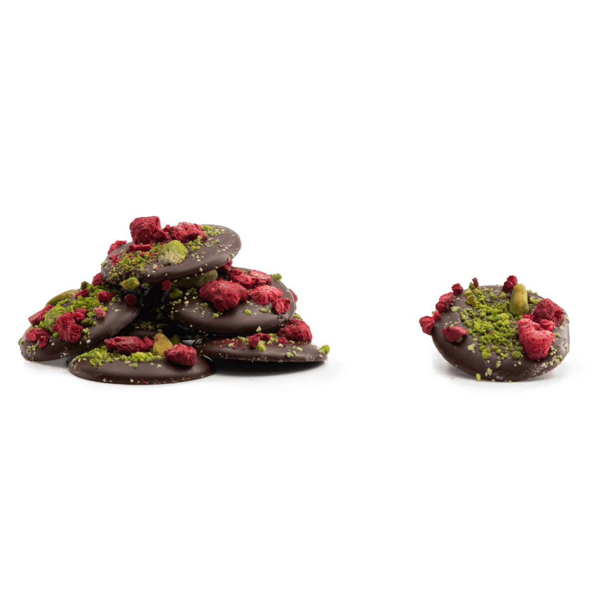 Dark chocolate mendiants with raspberry and pistachio chunks