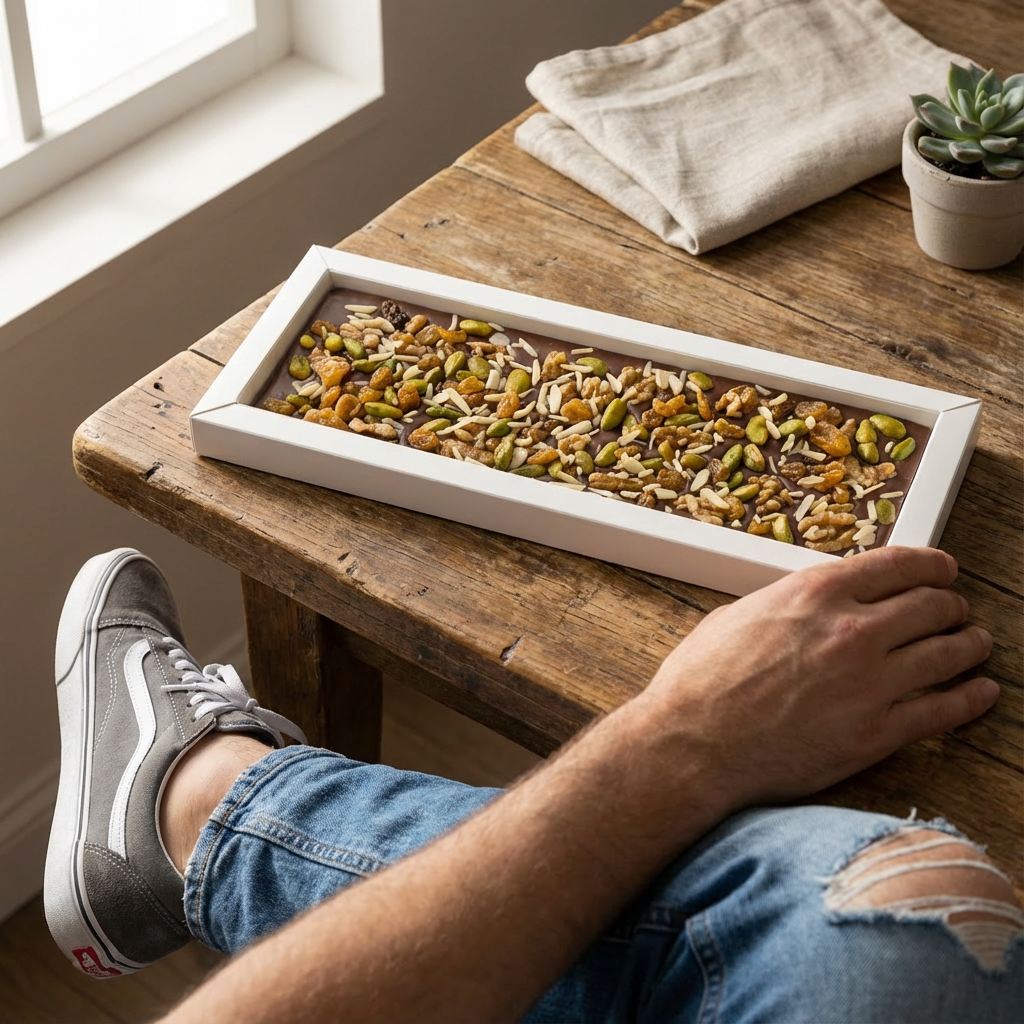 Fantasy milk chocolate bar 375 grs with walnut, pistachio, almond and raisins chunks