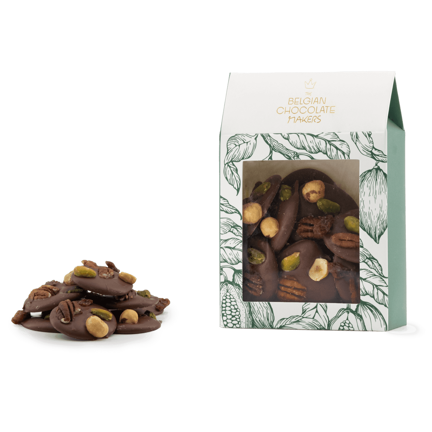 Milk chocolate mendiants with pecan, pistachio, raisin and hazelnut chunks