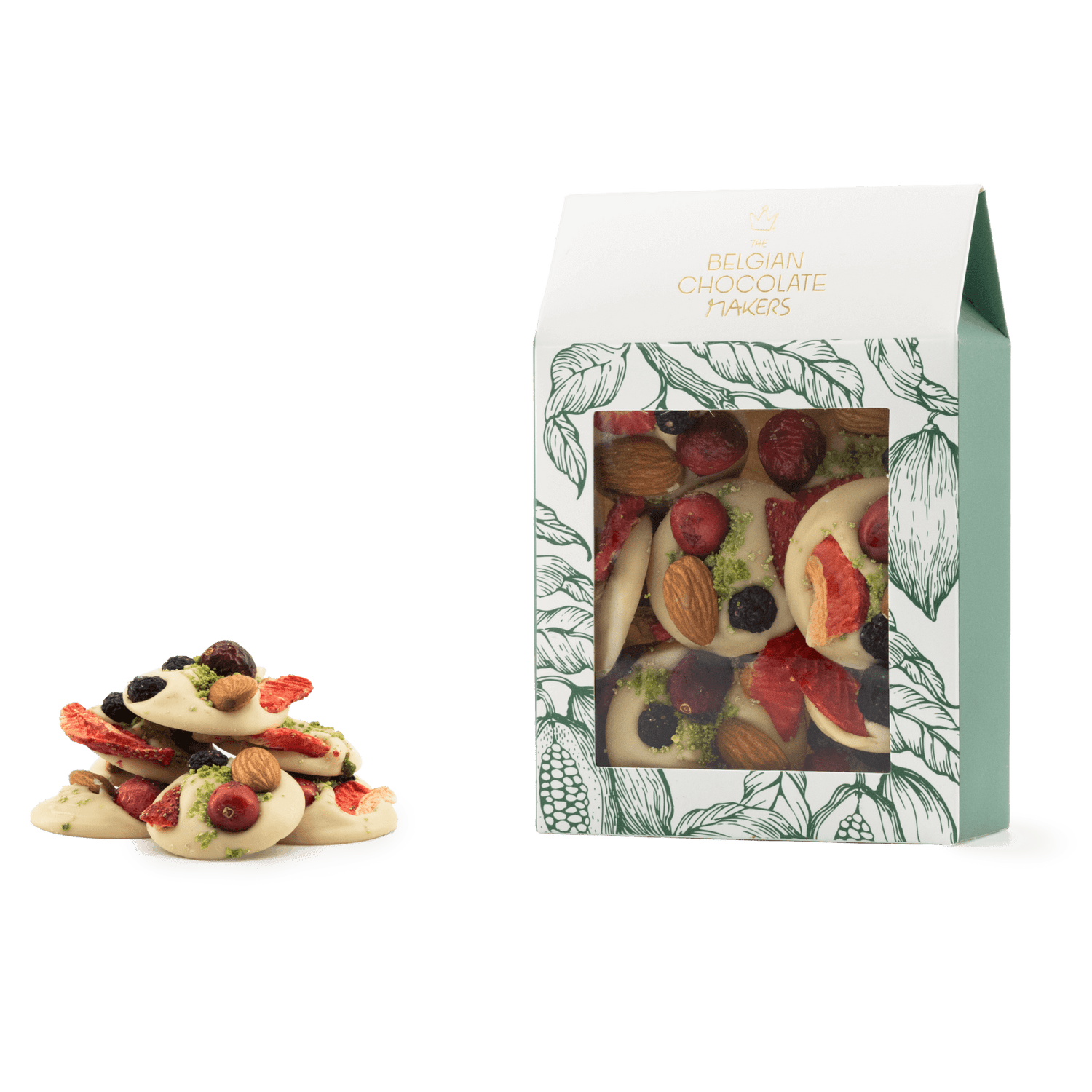 White chocolate mendiants with pistachio, almond, strawberry and blackcurrant chunks