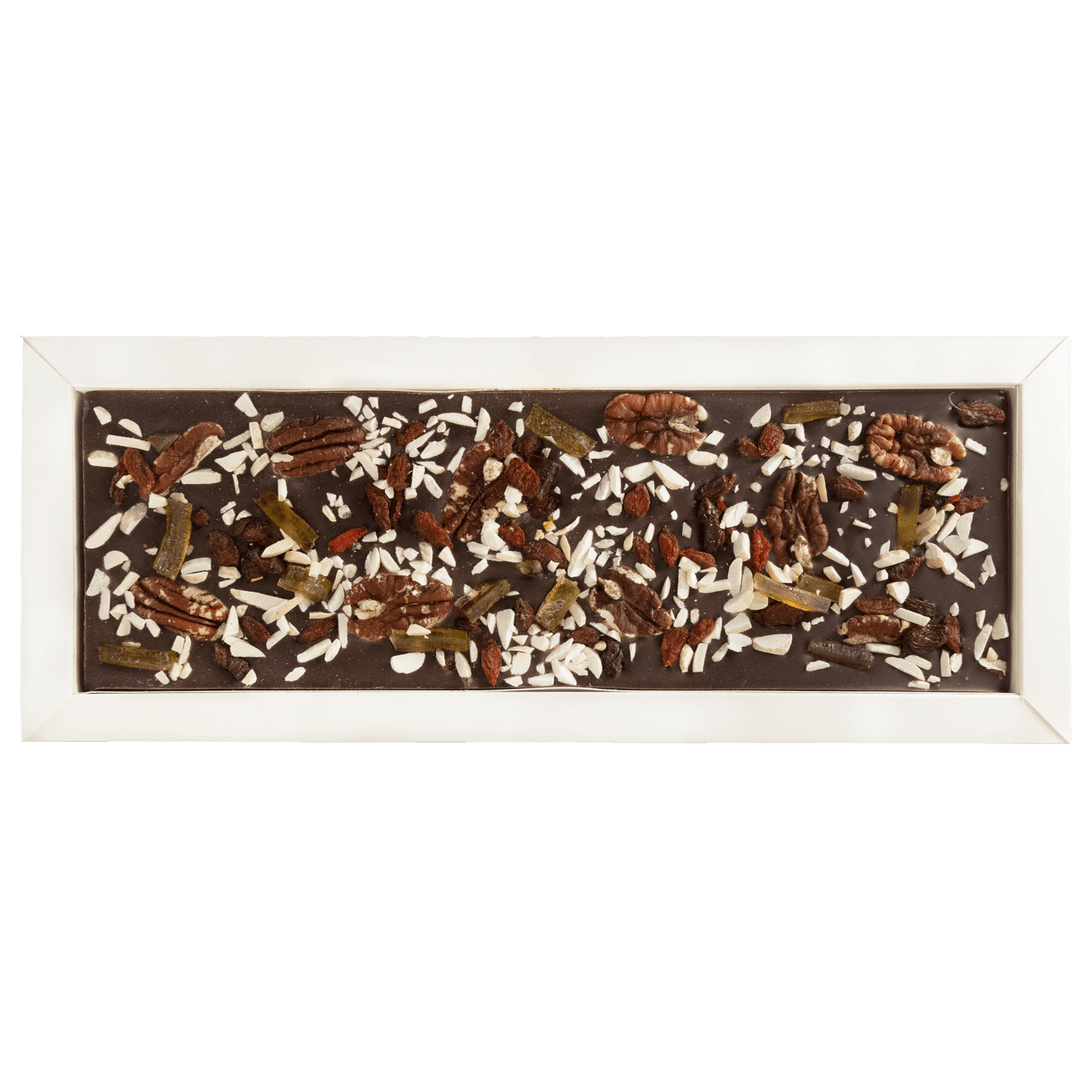 Fantasy dark chocolate bar 550 grs with pecan nut, goji berry, lemon and almond chunks