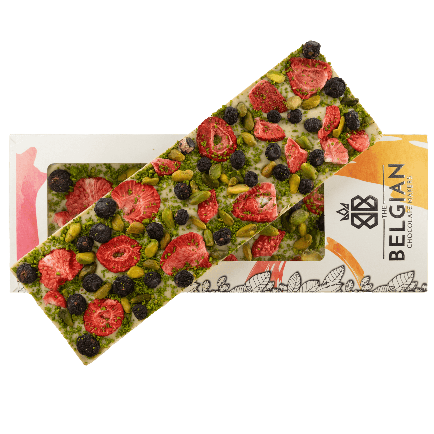 Fantasy white chocolate bar 550 grs with strawberry, pistachio and blueberry chunks