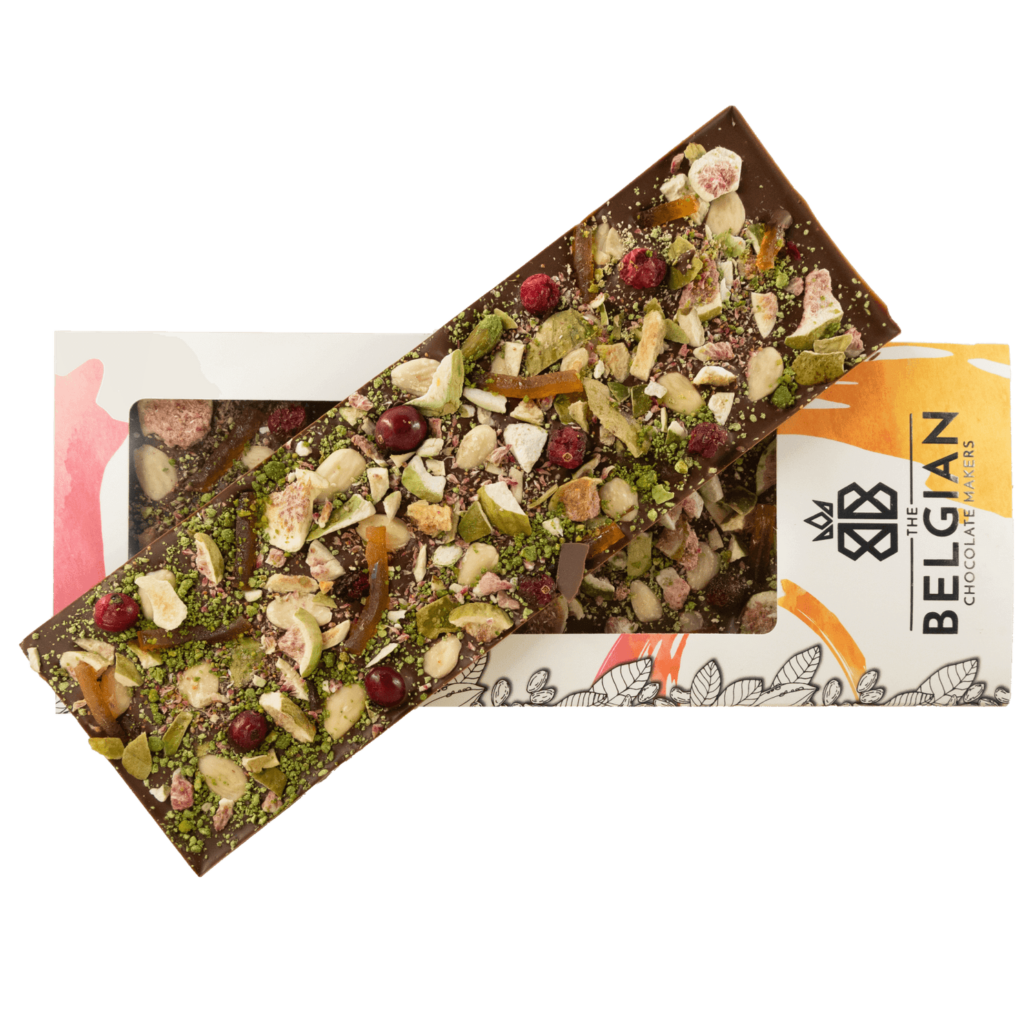 Fantasy milk chocolate bar 375 grs with fig, cranberry, almond, lemon and pistachio chunks