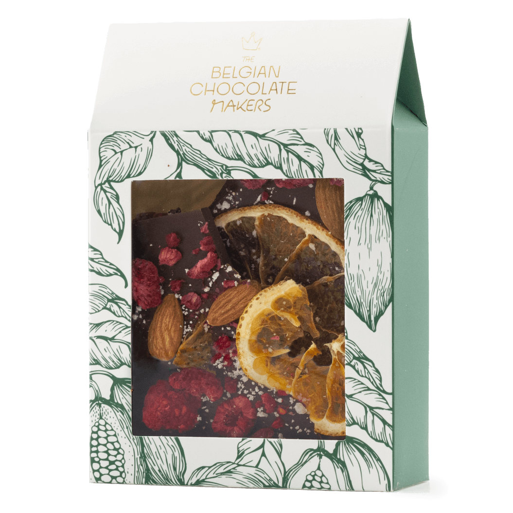 Dark chocolate broken bars with raspberry, almond and orange