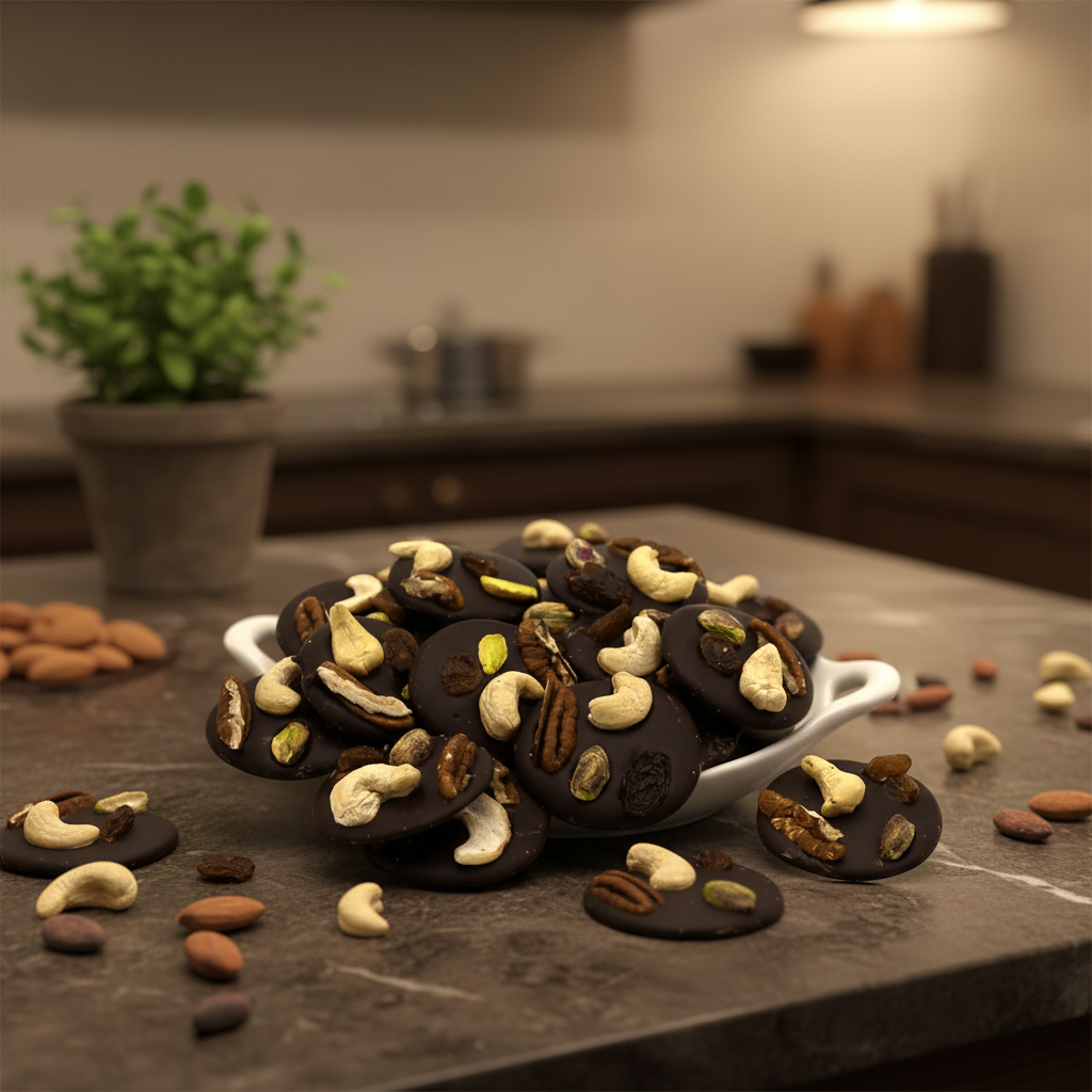 Dark chocolate mendiants with cashew, pistachio, raisin and pecan chunks