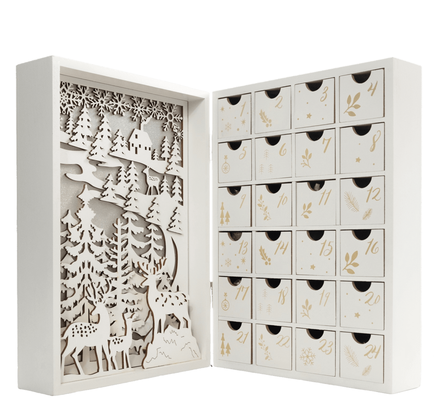 Wooden lighted advent calendar book 24 figurines