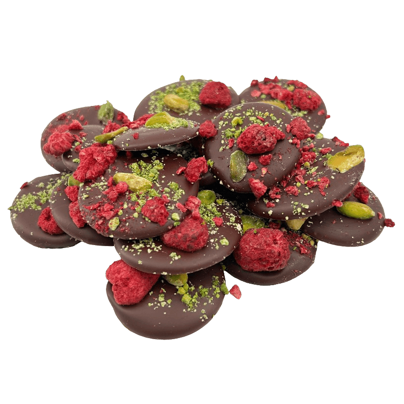 Dark chocolate mendiants with raspberry and pistachio chunks