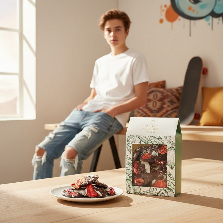 Dark chocolate mendiants with cacao nibs, strawberry and coconut chunks