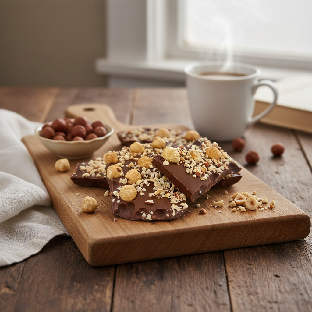 Milk chocolate broken bars with hazelnuts