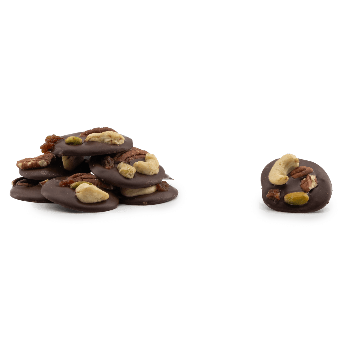 Dark chocolate mendiants with cashew, pistachio, raisin and pecan chunks