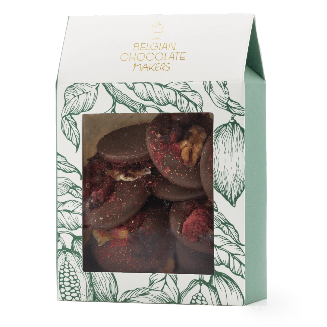 Milk chocolate mendiants with walnut, cranberry, blackcurrant and raspberry chunks